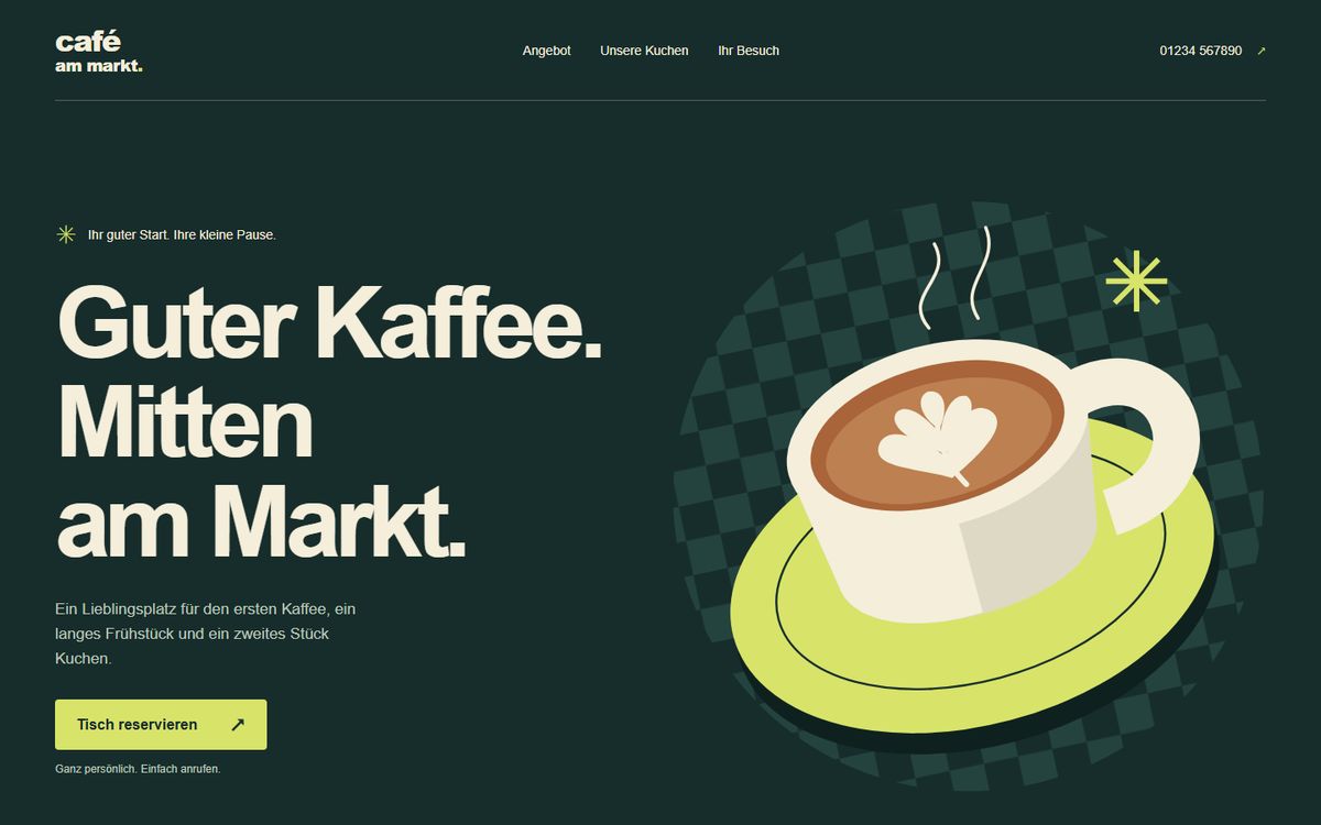 Entwurf B für das Café am Markt: dunkelgrüne Seite mit großer Schrift
